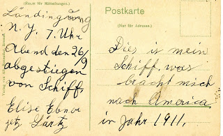 Lisi's documentation of her arrival on the back of the Kaiser Wilhelm II postcard, shown above left. 
