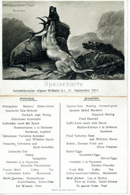 Breakfast (Frühstück) Menu (Speisekarte) for 9/21/1911 the top (with photo) folded over the bottom and could be addressed and mailed as a postcard.