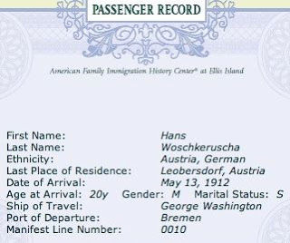Hans's "Passenger Record," created by Ellis Island's American Family Immigration History Center