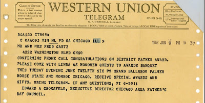Telegram from the Chicago Area Father's Day Council, 6/9/1962